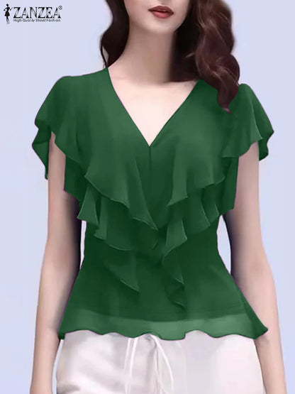ZANZEA Women's Chiffon Blouse – Elegant Sheer Ruffle V-Neck Short Sleeve Solid Color Top for Summer