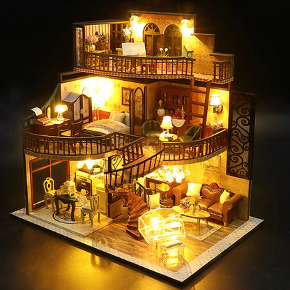 Wooden Dollhouse 3D Puzzle Kit – DIY Miniature Room Model with Furniture & LED Lights Home Decoration