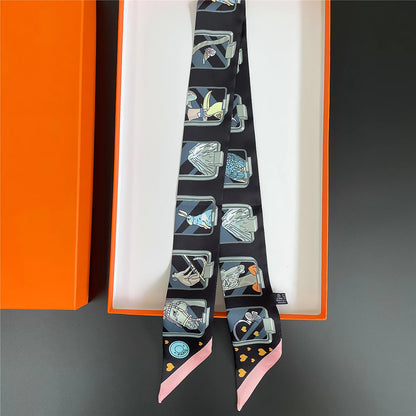 Pañuelo estrecho de sarga de seda 100 % de lujo para mujer, diseño de marca, pañuelo para bolso, pañuelo para el cuello, diadema para el pelo