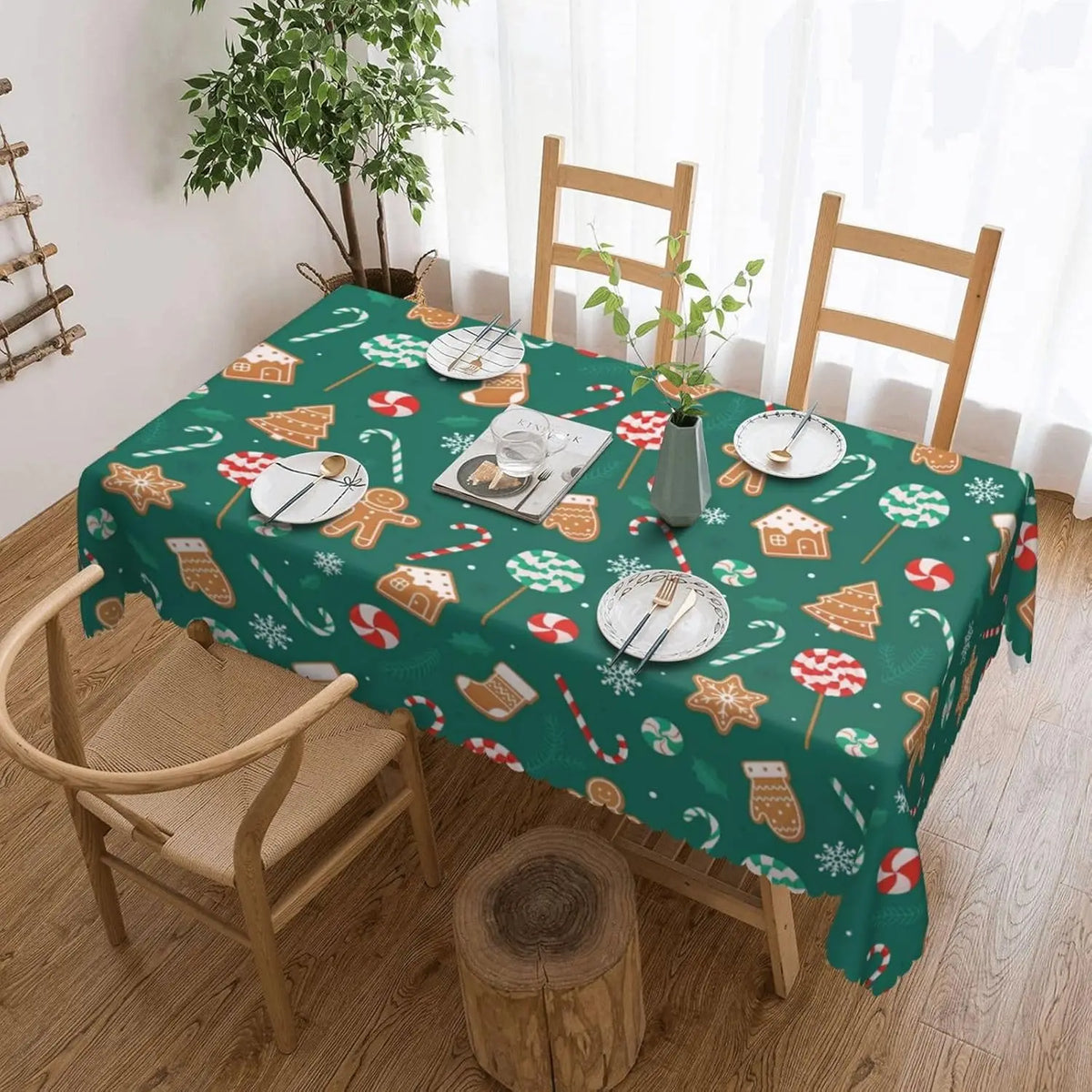Christmas Candy Cane Gingerbread Waterproof Tablecloth – Winter Holiday Dining Table Cover for Kitchen, Home & Xmas Decor