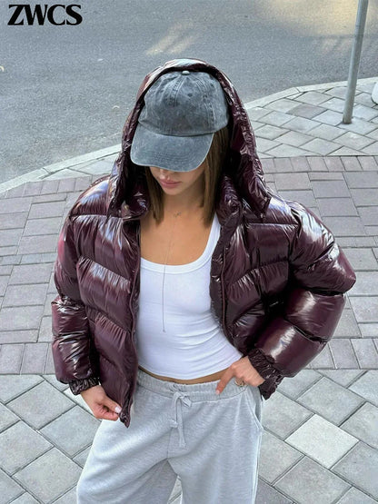 Women’s Glossy Hooded Winter Jacket – Zip-Up Short Cotton-Padded Coat with Elastic Waist & Pleated Design, High-Street Outerwear
