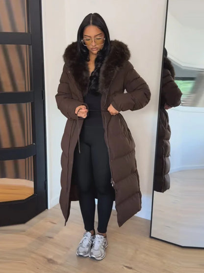 Women’s Long Puffer Winter Coat – Thick Warm Maxi Padded Jacket with Faux Fur Hood, Drawstring Waist & Zip-Up Button Closure