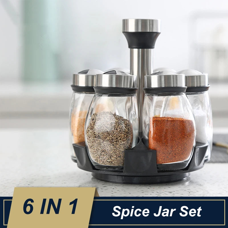 6-in-1 Glass Spice Jar Set with Rotating Rack – Seasoning Organizer with Salt, Pepper, Sugar & Spice Bottles for Kitchen Storage