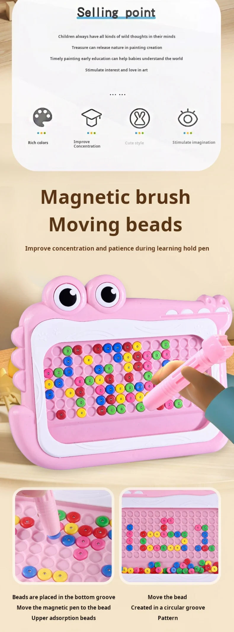 Pizarra magnética de cuentas para niños – Juguete educativo Montessori para garabatear con bolígrafo de rompecabezas, juego creativo de dibujo y aprendizaje para niños de 3 a 8 años, regalo STEM interactivo