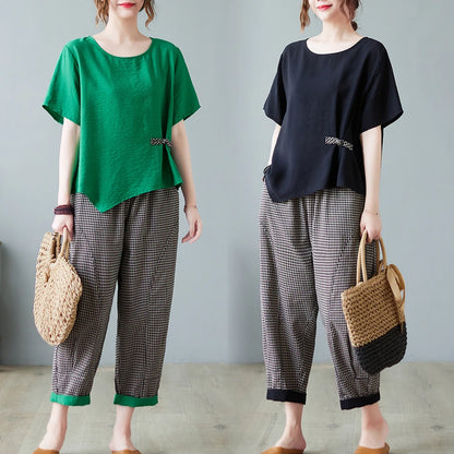 Women's Cotton Linen Two-Piece Set – Summer Wide-Leg Pants & Asymmetric Button Top Chinese-Style Casual Outfit