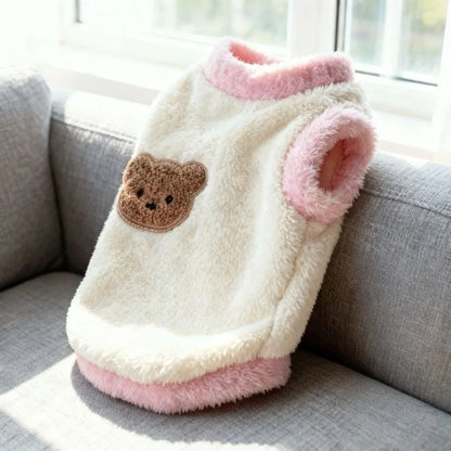 Soft Teddy Bear Dog Sweater – Warm Plush Pet Hoodie with Bear Pattern & Leash Hook, Cozy Cold Weather Clothing for Dogs & Cats