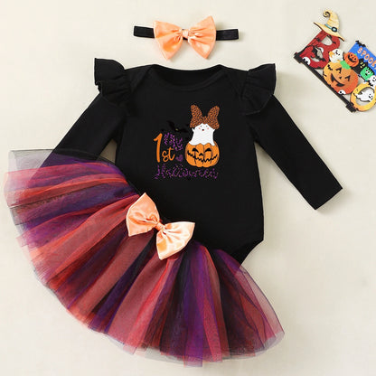 My First Halloween Baby Girl Costume – Long-Sleeve Ghost Bodysuit with Tutu Skirt, Bow Headband, 0–3M Infant Outfit