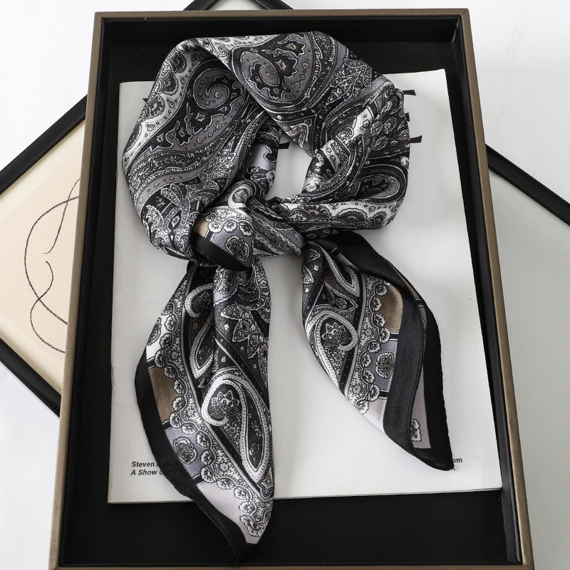 70x70CM Foulard en soie imprimé pour femme – Châle Pashmina carré tendance, tour de cou de luxe, bandeau et bandana décoratif