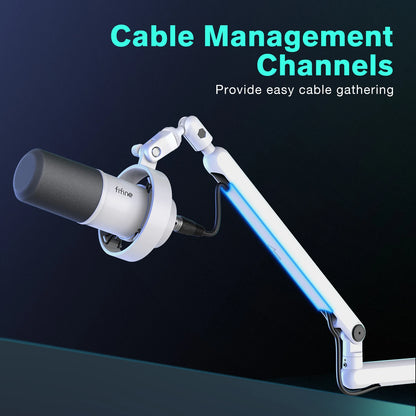 FIFINE BM88W Low-Profile Microphone Boom Arm – Adjustable Desk Mount Mic Arm with Built-In Cable Management for Streaming, Gaming & Podcasting (White)