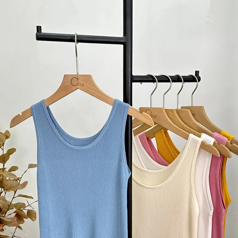 Haut court décontracté basique en tricot à col en U sans manches et de couleur unie pour femme, idéal pour l'automne