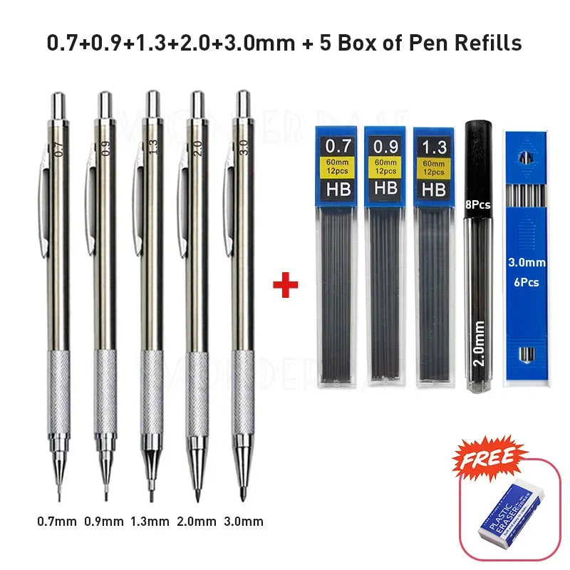 Crayon mécanique entièrement métallique de 0,3/0,5/0,7/0,9/1,3/2,0/3,0 mm – Crayon de dessin technique de précision pour l'esquisse, le dessin, la peinture, l'art, les fournitures de bureau et scolaires