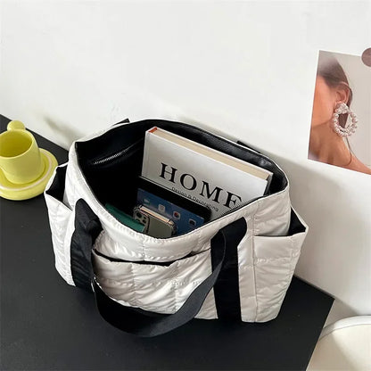 Sac à bandoulière matelassé pour femmes – Grand sac fourre-tout en nylon pour l'hiver 2025, motif en coton chaud, sac à main de voyage décontracté et tendance