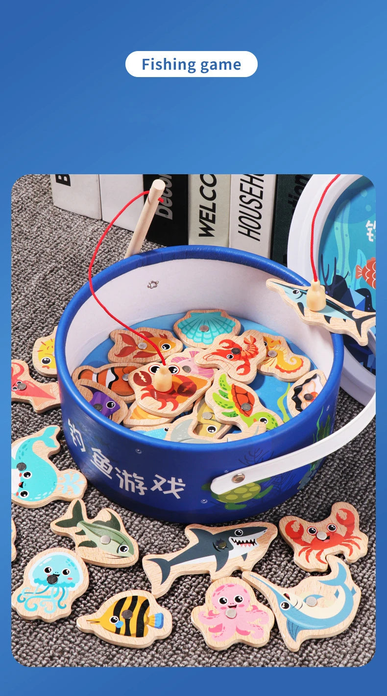Jouet de Pêche Magnétique en Bois – Jeu d'Apprentissage Montessori sur la Vie Marine, Activité de Pêche Éducative Précoce pour Bébé, Jouet de Développement Cognitif Interactif Parent-Enfant pour Enfants