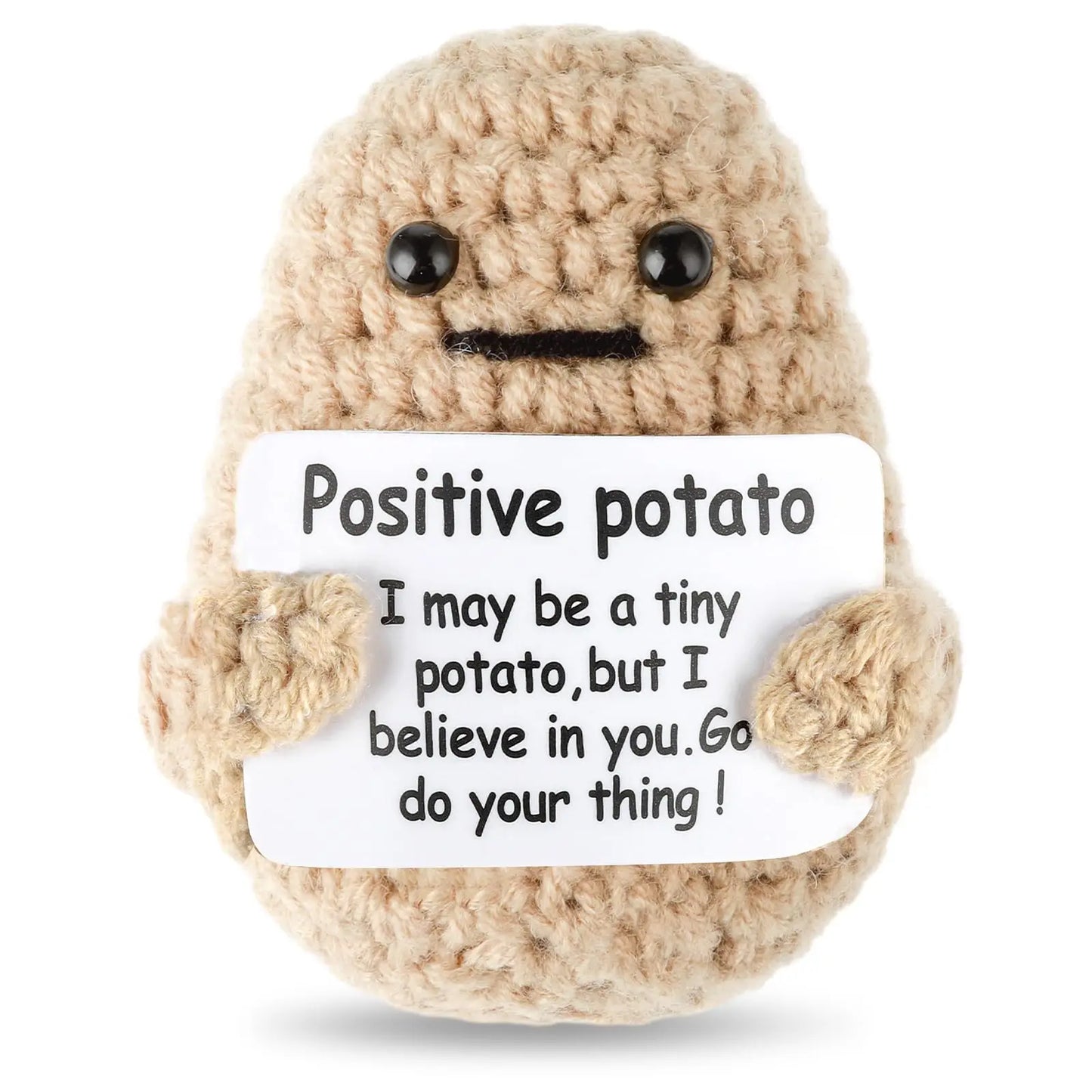 Peluche Pomme de terre Énergie positive – Décoration de chambre tricotée à la main en laine avec carte d'inspiration, cadeau de Noël mignon et amusant et ornement de bureau