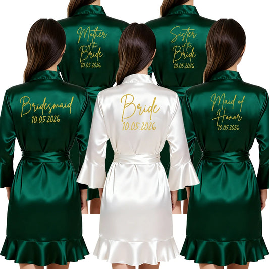 Elegante bata de satén – Regalo personalizado de bata con fecha de boda para novia, damas de honor y mujeres del cortejo nupcial