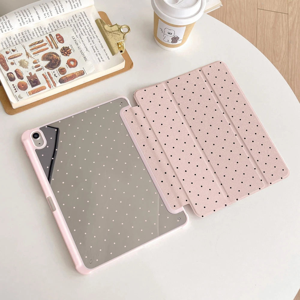 Étui iPad trifold à pois noirs pour iPad Pro 11, Pro 12.9, Air 4/5, Air 3, iPad 10ème génération, 10.2, 10.5, 9.7 et iPad Mini 6