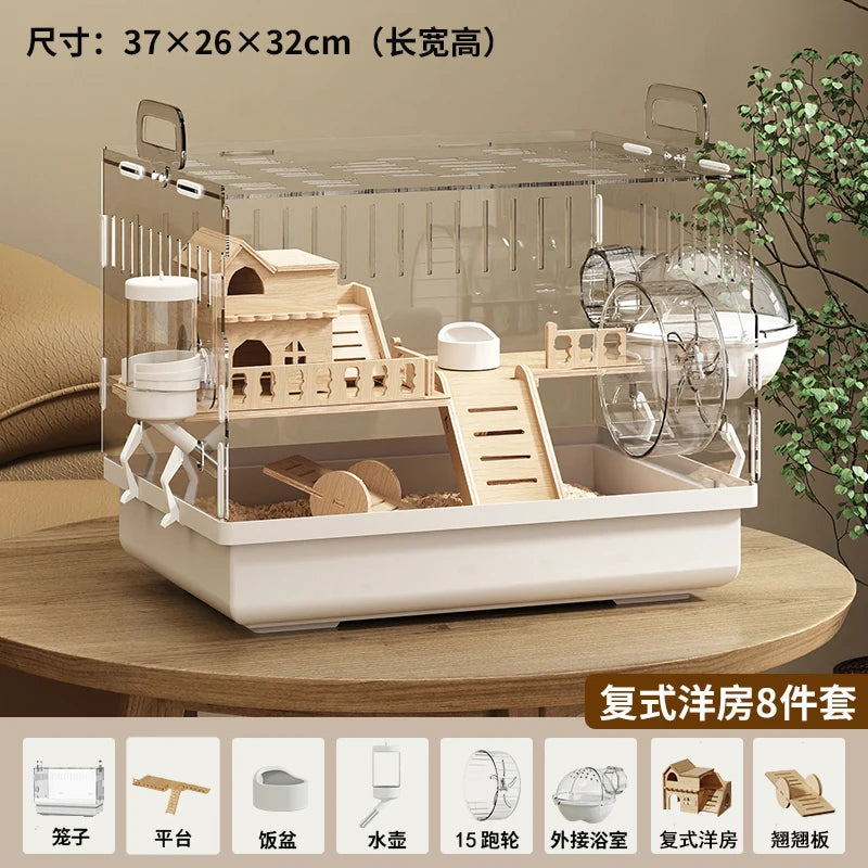 Acrylic Hamster Cage – Transparent Rodent Habitat with Accessories, Luxury Villa Enclosure for Syrian, Dwarf Hamsters, Gerbils & Mice
