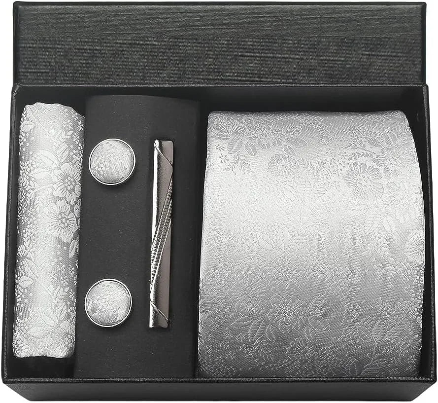 Corbata de seda 100% con diseño floral de Paisley para hombre con pañuelo de bolsillo, pasador de corbata y gemelos en caja de regalo