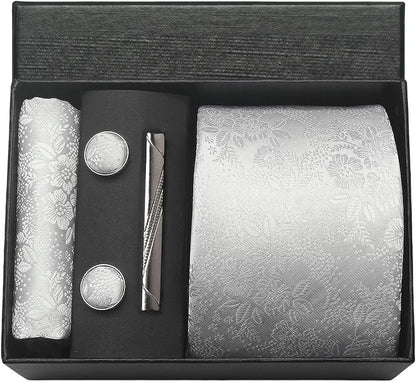 Corbata de seda 100% con diseño floral de Paisley para hombre con pañuelo de bolsillo, pasador de corbata y gemelos en caja de regalo