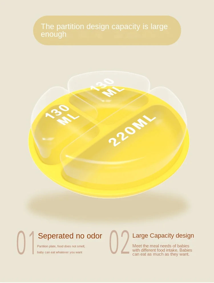 Assiette à ventouse en silicone pour bébé – Assiette repas sourire pour tout-petits avec compartiments, vaisselle pour enfants sans BPA
