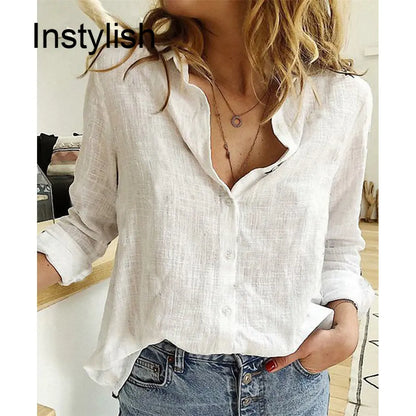 Women's Cotton Linen Oversized Shirt – Long Sleeve Button-Up Blouse, Casual Vintage Lapel Tunic & Y2K Streetwear Top