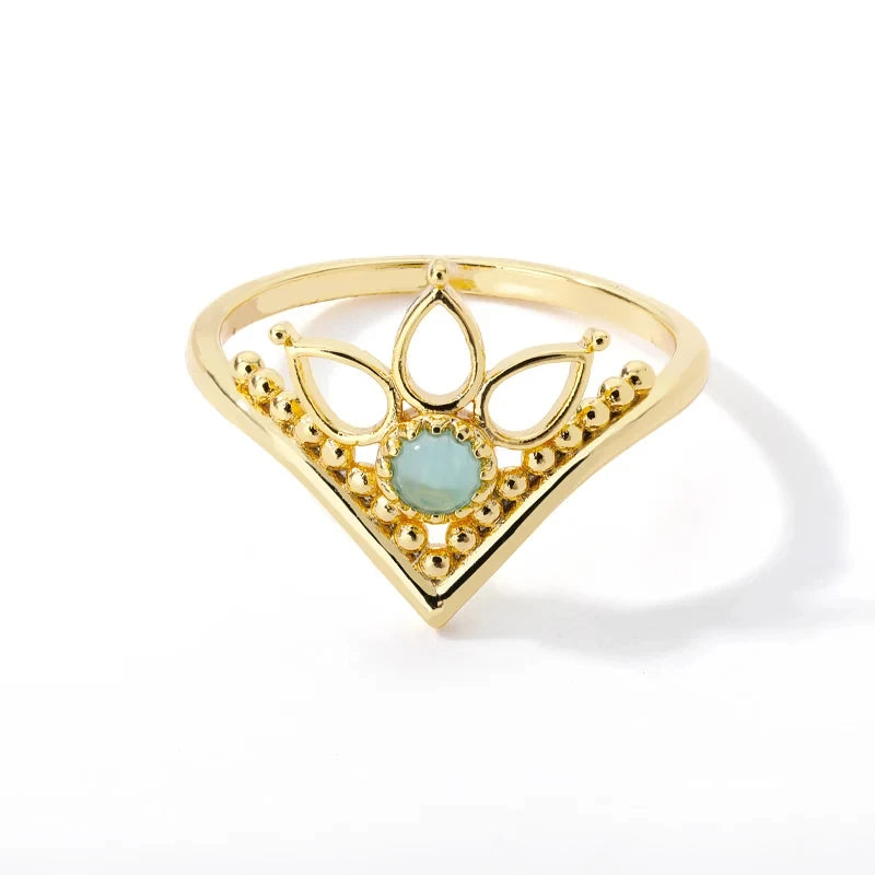 Gold Stainless Steel Lotus Flower Opal Ring – Vintage Oval Stone Statement Ring for Women | Elegant Fashion Jewelry Gift