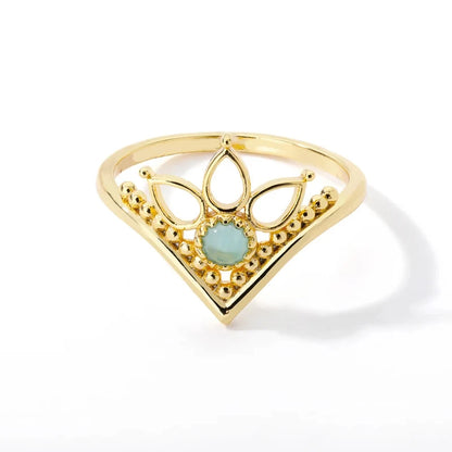 Gold Stainless Steel Lotus Flower Opal Ring – Vintage Oval Stone Statement Ring for Women | Elegant Fashion Jewelry Gift