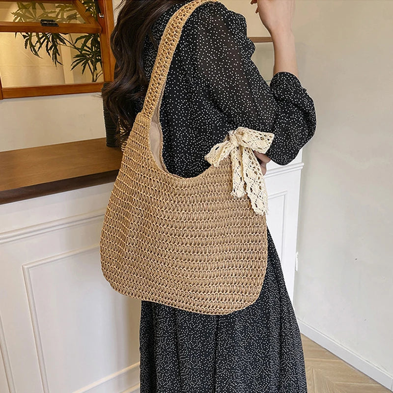 Sac à bandoulière en rotin tressé pour femmes – Grand sac cabas en paille tressée, sac de plage d'été pour femmes, sac de voyage décontracté pour les vacances, le shopping et un usage quotidien