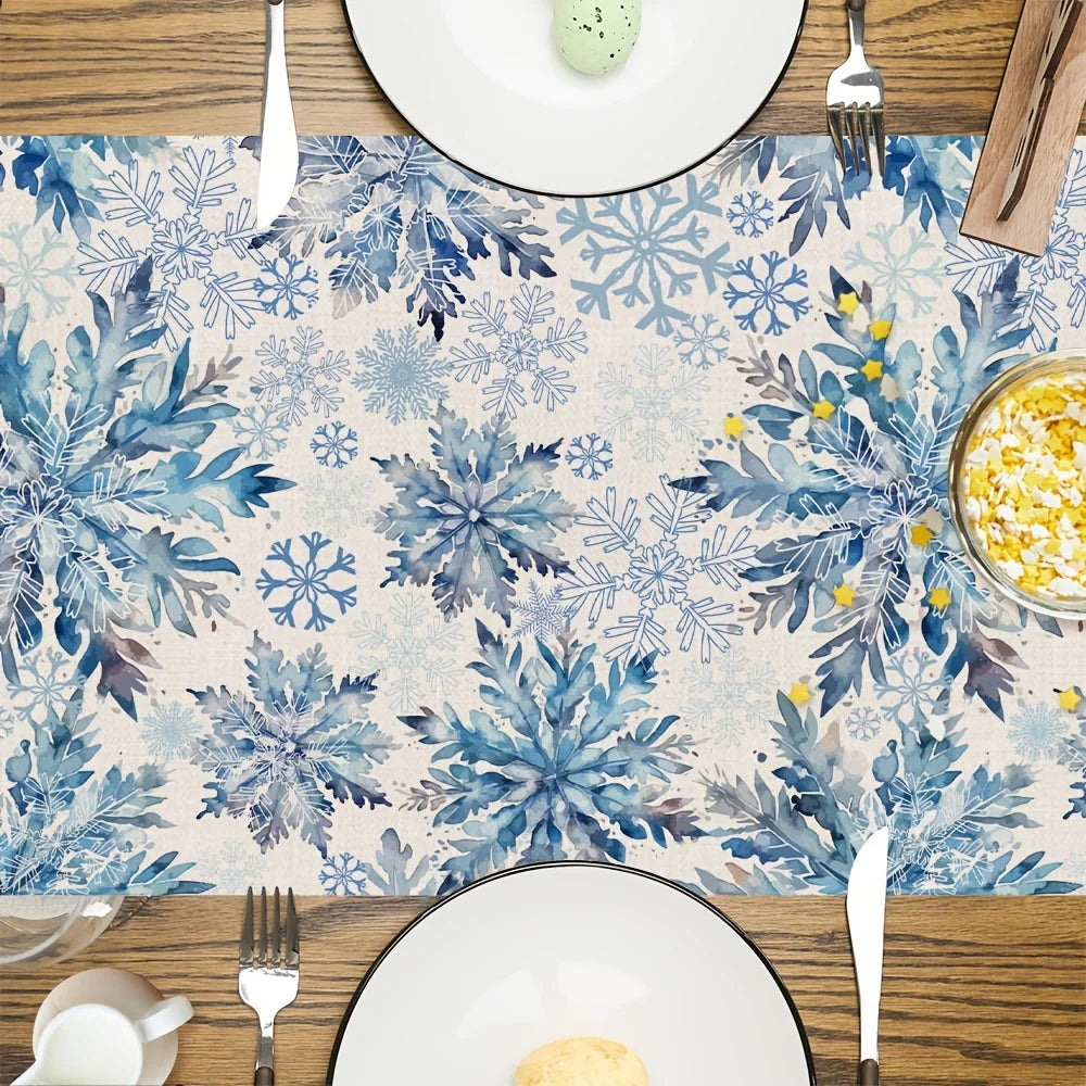 1PC Blue Snowflake Christmas Table Runner – Festive Winter Table Decor with Snowflakes & Pine Branches for Xmas Holiday Home