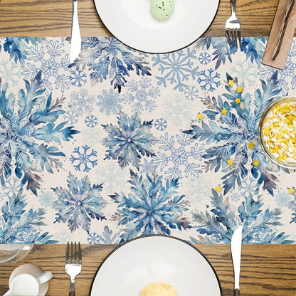1PC Blue Snowflake Christmas Table Runner – Festive Winter Table Decor with Snowflakes & Pine Branches for Xmas Holiday Home