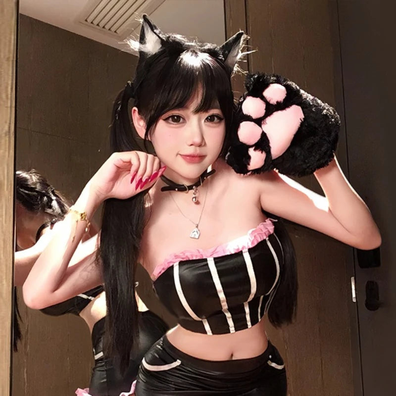 Cute Cat Anime Cosplay Costume Set – Maid Style Outfit with Bra, Skirt, Cat Ears for Halloween, Carnival & Roleplay Party Wear