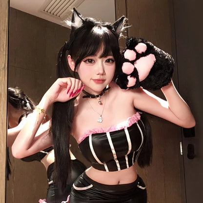 Cute Cat Anime Cosplay Costume Set – Maid Style Outfit with Bra, Skirt, Cat Ears for Halloween, Carnival & Roleplay Party Wear