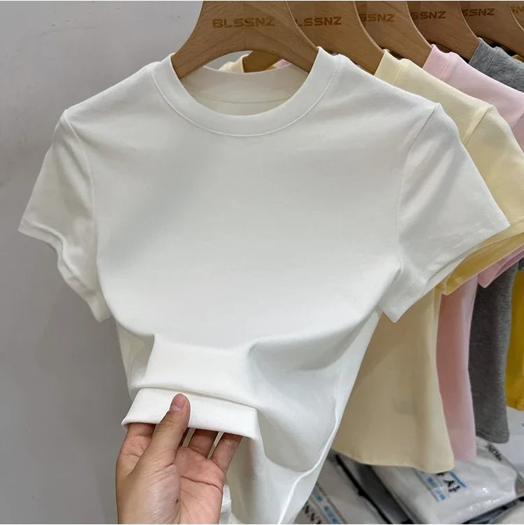 Zjaiss 2026 T-shirt col rond mode été sexy basique uni à manches courtes pour femme style coréen décontracté streetwear