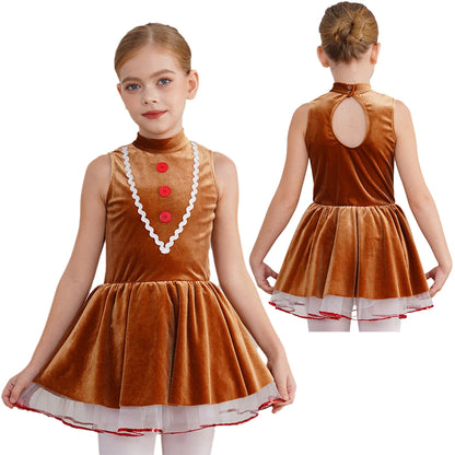 Girls' Gingerbread Man Costume Dress Soft Velvet Cookie Princess Tutu for Christmas, Halloween Cosplay, Ballet, Dance, Holiday Parties and Dress-Up Events