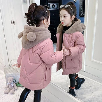 dsGirls Winter Jacket 3-12 Years, Thick Warm Hooded Coat with Zipper, Waterproof Autumn and Christmas Outerwear for Ki