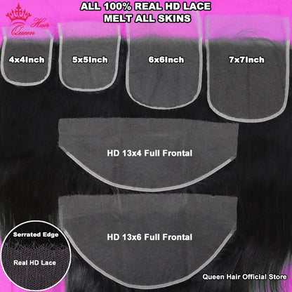Frontal y cierre de encaje invisible HD de cabello humano virgen con ondas o liso – 13x6, 13x4, 7x7, 6x6, 5x5, 4x6 y 4x4