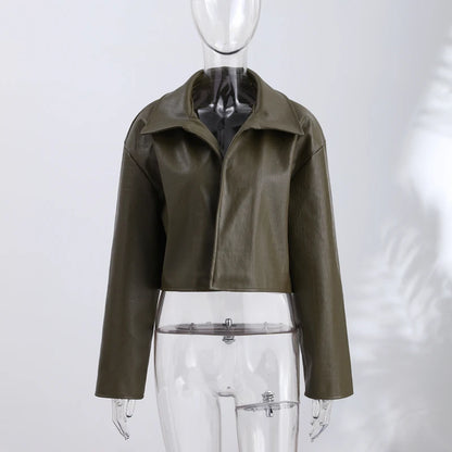 Women’s PU Leather Jacket – Long-Sleeve Stand Collar Zip-Up Coat, Casual Streetwear Outerwear for Autumn & Winter