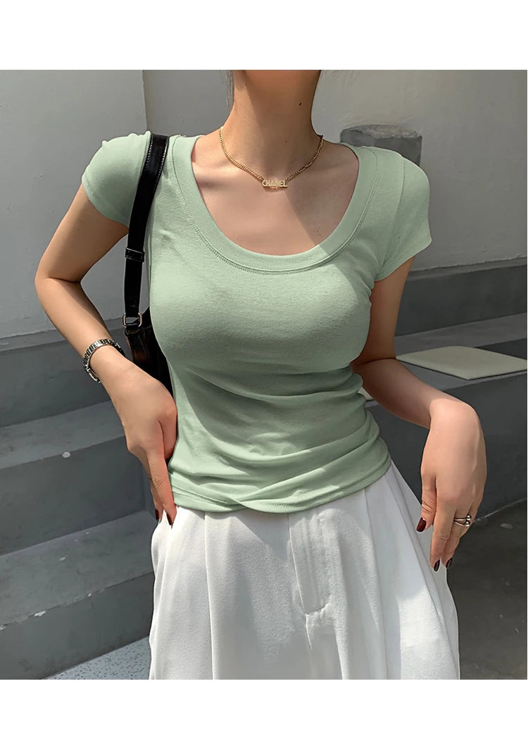 2026 Summer Women’s 100% Cotton Slim T-Shirt Casual Basic O-Neck Solid Korean Style Tee 16 Colors