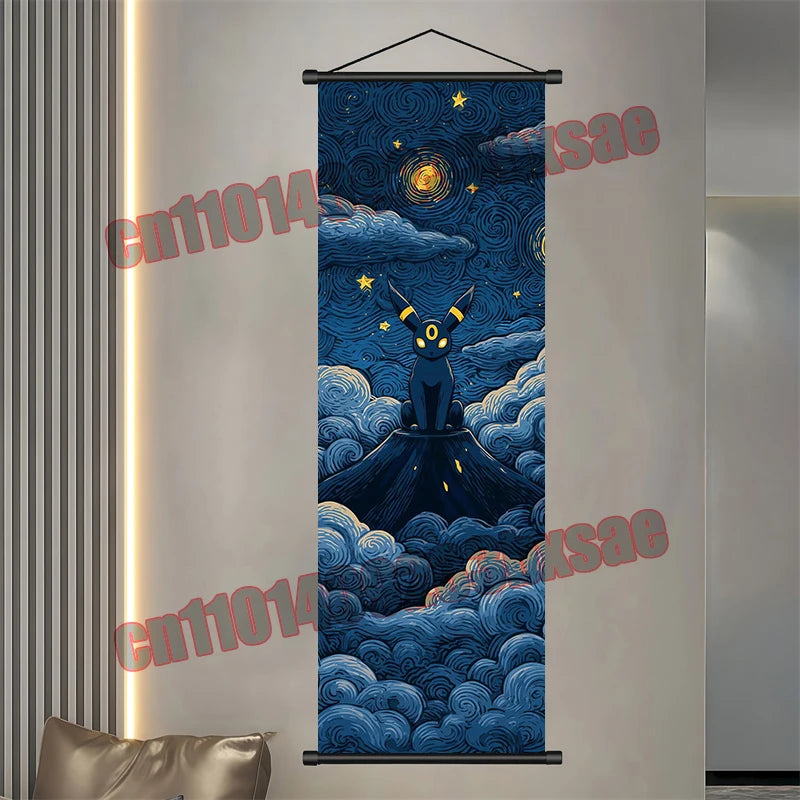 Pokémon Anime Wall Poster – Gengar Eevee Pikachu Scroll Painting Retro Canvas Artwork for Home Decor
