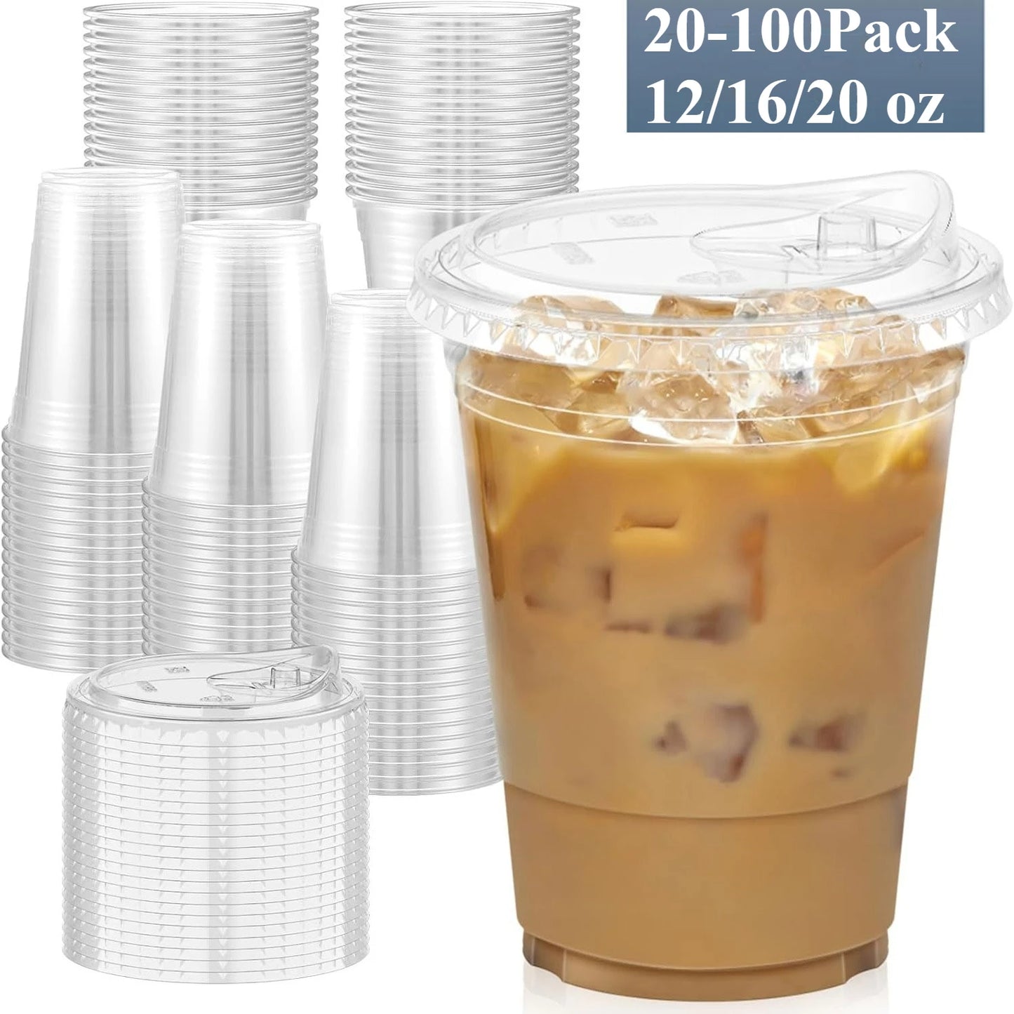 16oz/20oz Clear Plastic Cups with Lids – Disposable Iced Coffee Cups with Sip Lids, Sturdy Smoothie Cups for Cold Drinks, Takeout Beverages & Party Supplies