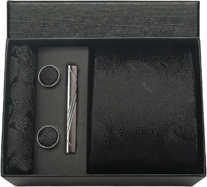 Corbata de seda 100% con diseño floral de Paisley para hombre con pañuelo de bolsillo, pasador de corbata y gemelos en caja de regalo