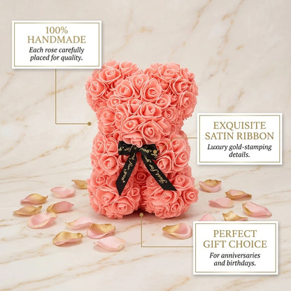 Ourson en roses artificielles – Cadeau fleur éternelle pour la fête des mères, la Saint-Valentin, les anniversaires et les fêtes.