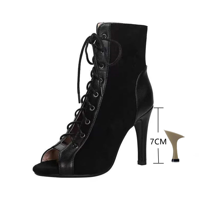 Sandalias de tacón de aguja con cordones para mujer – Botines de tacón alto con puntera abierta de 9 cm, zapatos sexy de moda de verano para fiesta y baile