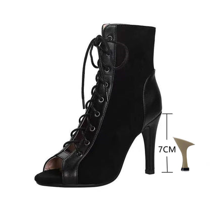 Sandalias de tacón de aguja con cordones para mujer – Botines de tacón alto con puntera abierta de 9 cm, zapatos sexy de moda de verano para fiesta y baile