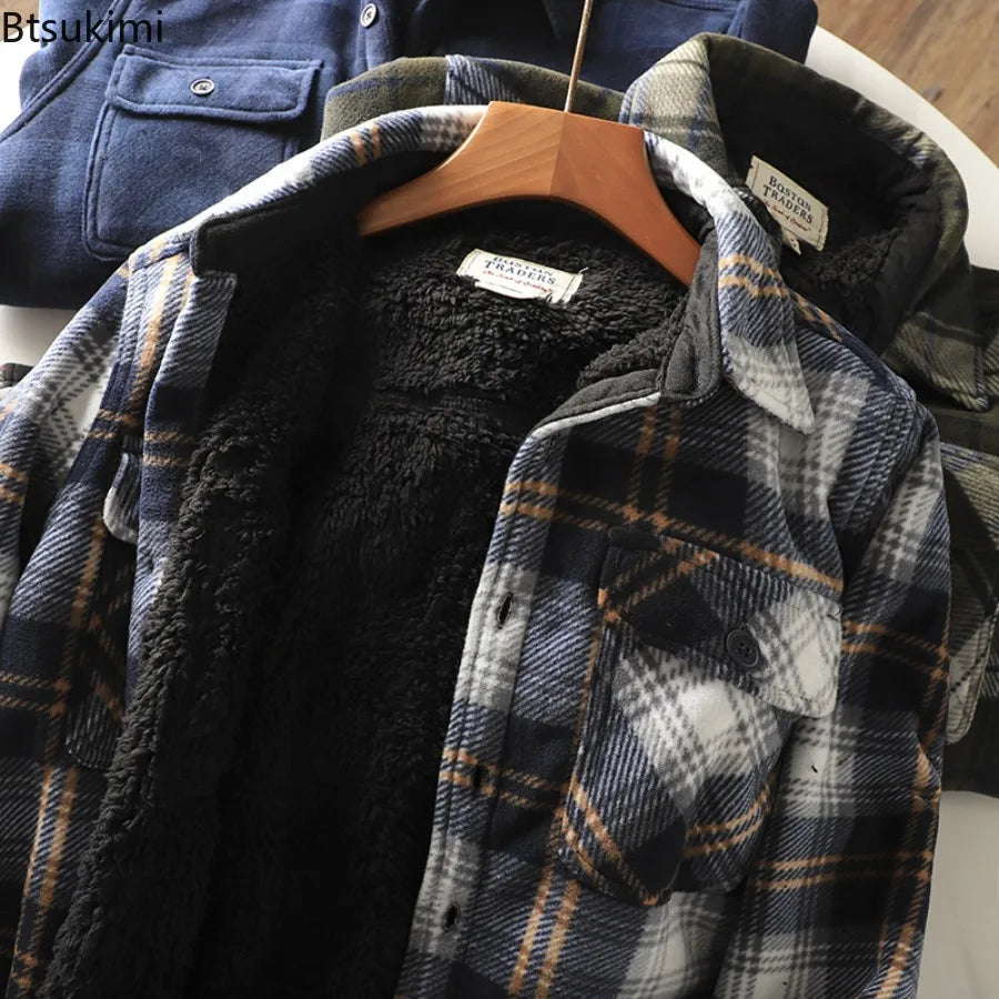 Men’s Fleece-Lined Flannel Shirt Jacket – Thick Warm Long-Sleeve Plaid Coat, Vintage Casual Outerwear for Autumn & Winter