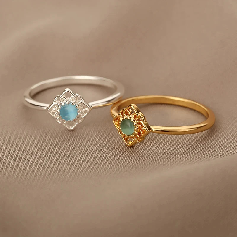 Gold Stainless Steel Lotus Flower Opal Ring – Vintage Oval Stone Statement Ring for Women | Elegant Fashion Jewelry Gift