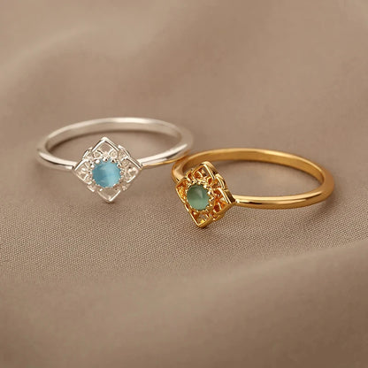 Gold Stainless Steel Lotus Flower Opal Ring – Vintage Oval Stone Statement Ring for Women | Elegant Fashion Jewelry Gift