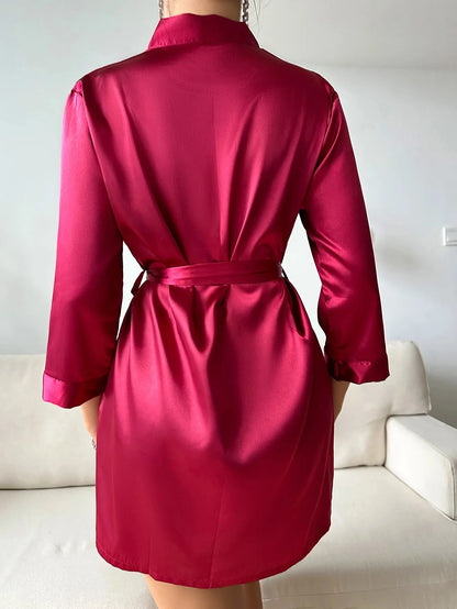 Women’s Summer Ice Silk Robe – Sexy Lace-Up Bathrobe Morning Gown Home Dress Loungewear