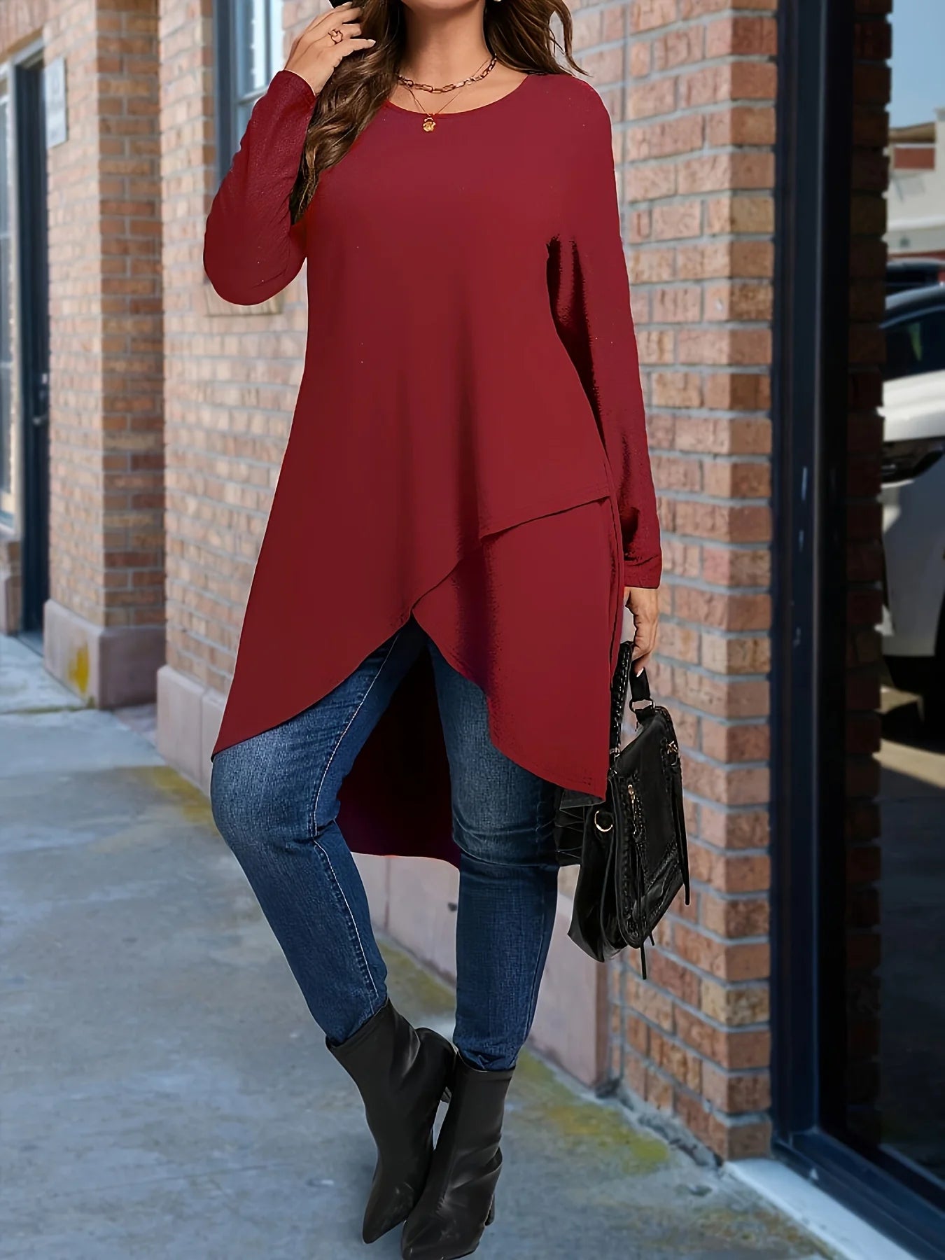 Plus Size Women's Asymmetrical Hem Long Sleeve Top – Elegant Round Neck Solid Color Casual Pullover Shirt