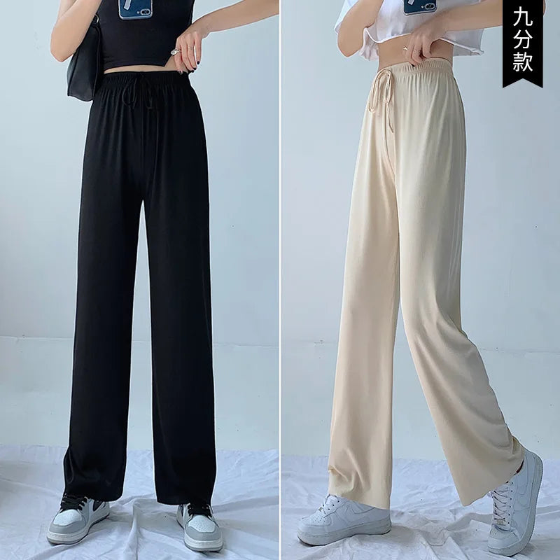 Plus Size Women's Ice Silk Wide-Leg Pants – High-Waist Lightweight Casual Trousers for Summer Sports & Everyday Wear